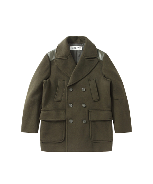 SOLEW(ソル)の「ダブルブレストレザーパッチコート_オリーブグリーン(チェスターコート・メンズ・その他・S/M/L/XL)」の1枚目の写真