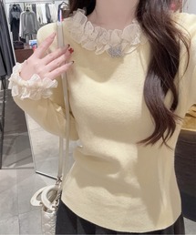 AMAJI（アマジ）の「シフォンフリルパールヘムリブニットトップス（Tシャツ/カットソー）」