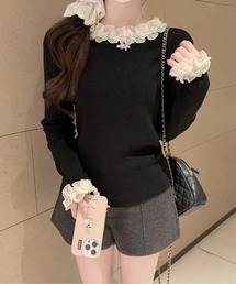 AMAJI（アマジ）の「シフォンフリルパールヘムリブニットトップス（Tシャツ/カットソー）」