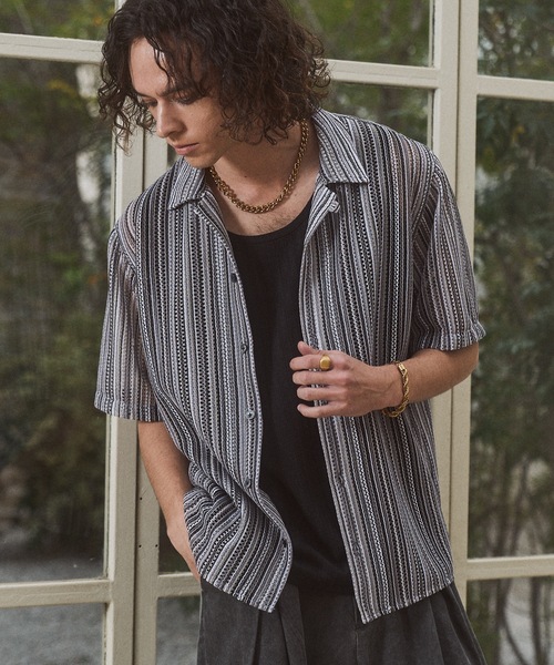 CASPER JOHN(キャスパージョン)の「Stripe lace shirts/ストライプレースシャツ(シャツ/ブラウス・メンズ・ネイビー/ベージュ/ピンク/ホワイト・LARGE/MEDIUM/SMALL/X-SMALL)」の6枚目の写真