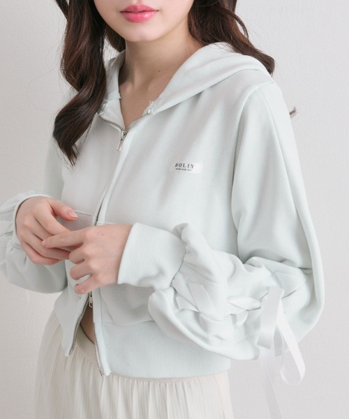 OLIVE des OLIVE（オリーブデオリーブ）の「袖レースアップジップパーカー（パーカー・レディース・トップグレー/ピンク/ミント・FREE）」の2枚目の写真