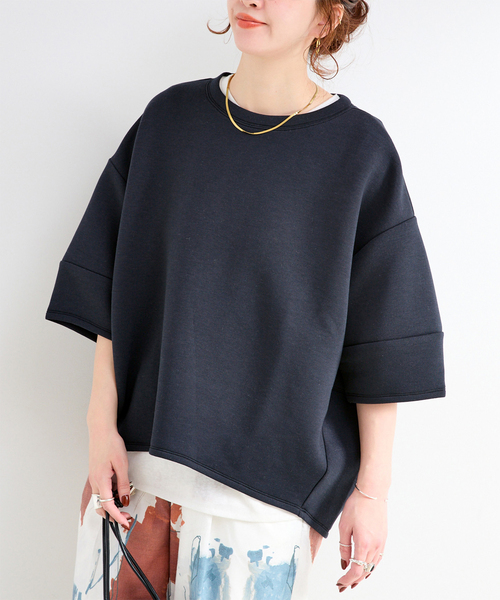 B.C STOCK（ベーセーストック）の「《追加4》手洗い可 / ダンボールハーフスリーブプルオーバー（Tシャツ/カットソー・レディース・ブラウン/ホワイト/カーキ/チャコールグレー/ネイビー/スミクロ/イエロー・FREE）」の6枚目の写真