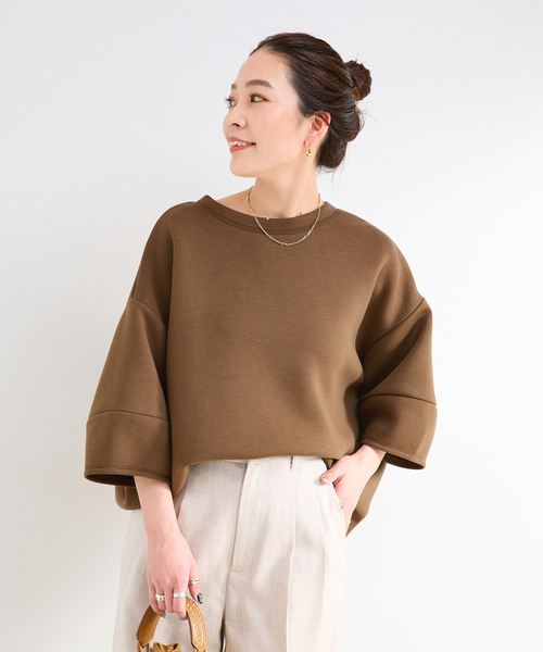 B.C STOCK（ベーセーストック）の「《追加4》手洗い可 / ダンボールハーフスリーブプルオーバー（Tシャツ/カットソー・レディース・ブラウン/ホワイト/カーキ/チャコールグレー/ネイビー/スミクロ/イエロー・FREE）」の4枚目の写真