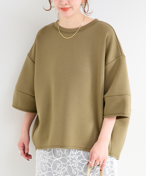 B.C STOCK（ベーセーストック）の「《追加4》手洗い可 / ダンボールハーフスリーブプルオーバー（Tシャツ/カットソー・レディース・ブラウン/ホワイト/カーキ/チャコールグレー/ネイビー/スミクロ/イエロー・FREE）」の5枚目の写真