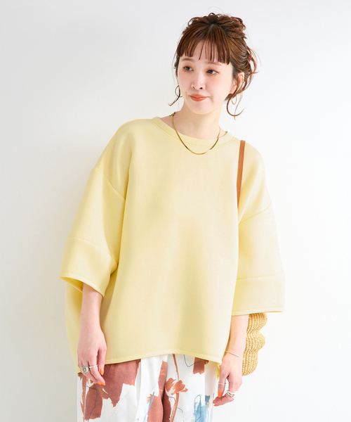 B.C STOCK（ベーセーストック）の「《追加4》手洗い可 / ダンボールハーフスリーブプルオーバー（Tシャツ/カットソー・レディース・ブラウン/ホワイト/カーキ/チャコールグレー/ネイビー/スミクロ/イエロー・FREE）」の7枚目の写真