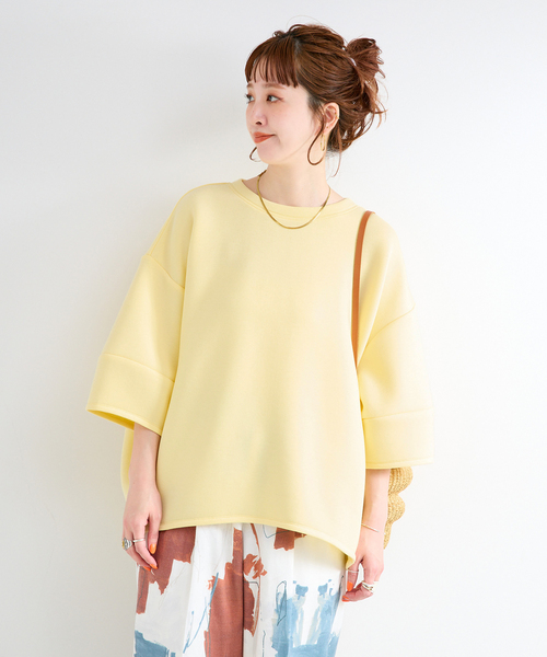 B.C STOCK（ベーセーストック）の「《追加4》手洗い可 / ダンボールハーフスリーブプルオーバー（Tシャツ/カットソー・レディース・ブラウン/ホワイト/カーキ/チャコールグレー/ネイビー/スミクロ/イエロー・FREE）」の9枚目の写真