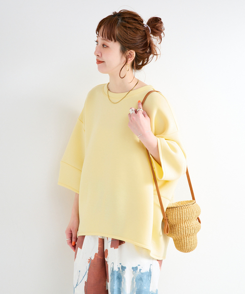 B.C STOCK（ベーセーストック）の「《追加4》手洗い可 / ダンボールハーフスリーブプルオーバー（Tシャツ/カットソー・レディース・ブラウン/ホワイト/カーキ/チャコールグレー/ネイビー/スミクロ/イエロー・FREE）」の10枚目の写真