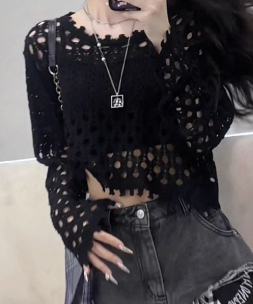meJane(ミージェーン)の「クロップド丈クロッシェ ニットプルオーバー(Tシャツ/カットソー・レディース・ブラック/オフホワイト・FREE)」の2枚目の写真