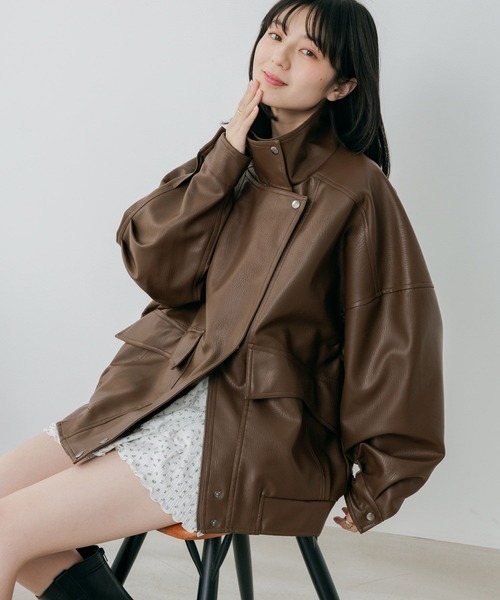 Heather(ヘザー)の「フェイクレザーBIGライダースブルゾン 656557(ブルゾン・レディース・アイボリー/ブラウン/ブラック・FREE)」の1枚目の写真