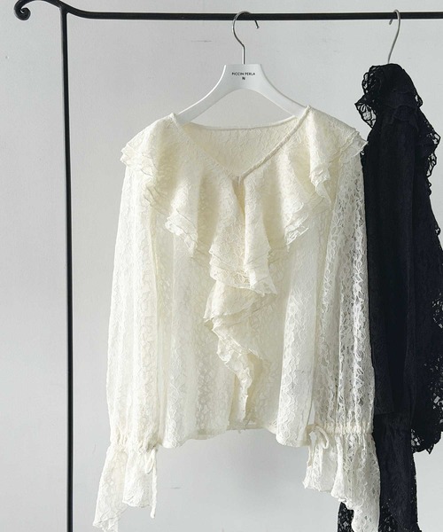 PICCIN PERLA（ピッチンペルラ）の「レースフリルブラウス（Tシャツ/カットソー・レディース・オフホワイト/ブラック・M）」の3枚目の写真