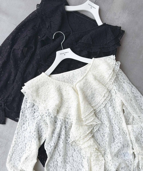 PICCIN PERLA（ピッチンペルラ）の「レースフリルブラウス（Tシャツ/カットソー・レディース・オフホワイト/ブラック・M）」の4枚目の写真