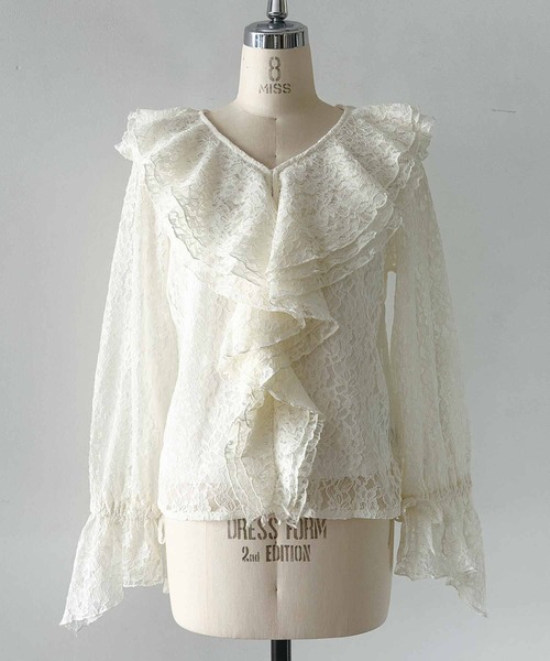 PICCIN PERLA（ピッチンペルラ）の「レースフリルブラウス（Tシャツ/カットソー・レディース・オフホワイト/ブラック・M）」の5枚目の写真