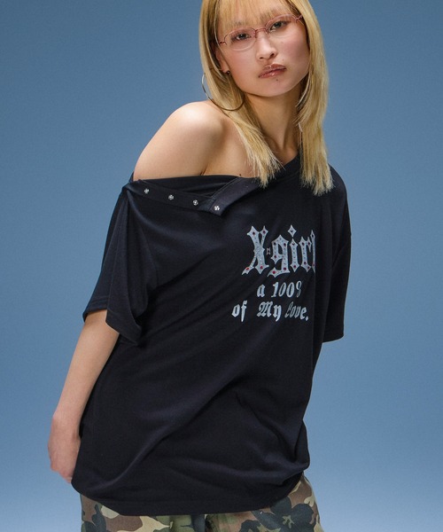X-girl（エックスガール）の「2WAY SHOULDER S/S TEE（Tシャツ/カットソー・レディース・ブラック/ネイビー・ONE SIZE）」の3枚目の写真