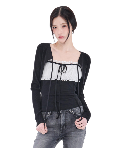 ALKI ALKA（アルキアルカ）の「Ribbed Ribbon Bolero (Black)（ニット/セーター・レディース・ブラック・FREE）」の2枚目の写真