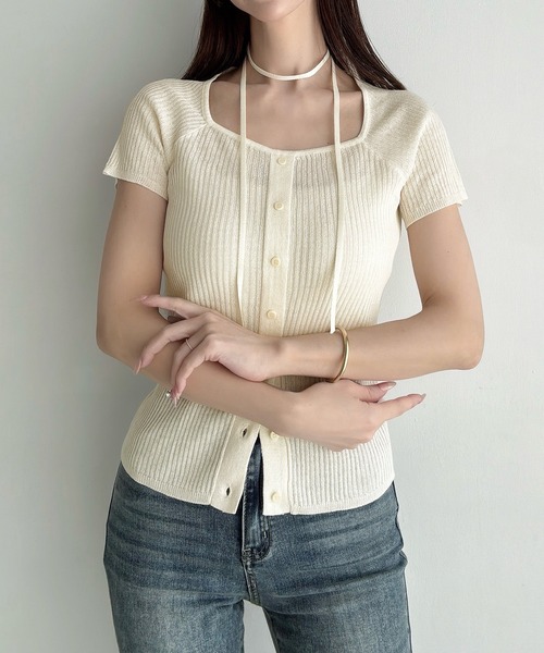 Meiru(メイル)の「(チョーカー付き)シアーリブニットプルオーバー(ニット/セーター・レディース・ブラック/ライトブルー/アイボリー・MEDIUM/LARGE)」の7枚目の写真