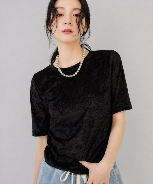 Shelly island（シェリーアイランド）の「ベロア半袖シャーリングTシャツ（Tシャツ/カットソー・レディース・ブラック/ホワイト・FREE）」の2枚目の写真