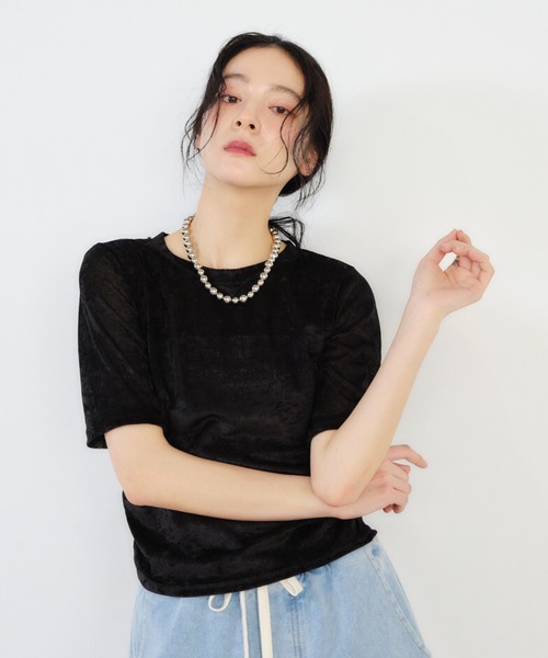 Shelly island（シェリーアイランド）の「ベロア半袖シャーリングTシャツ（Tシャツ/カットソー・レディース・ブラック/ホワイト・FREE）」の12枚目の写真