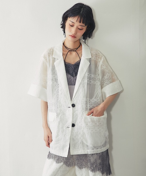 ANOTHER S(アナザーエス)の「シアー刺繍半袖ダブルジャケット(テーラードジャケット・レディース・オフホワイト/ブラック・FREE)」の18枚目の写真