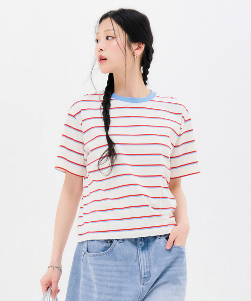 CHASECULT(チェイスカルト)の「レディース 配色ストライプ 半袖Tシャツ-FBRG5869D05(Tシャツ/カットソー・レディース・オートミール・90/85)」の1枚目の写真