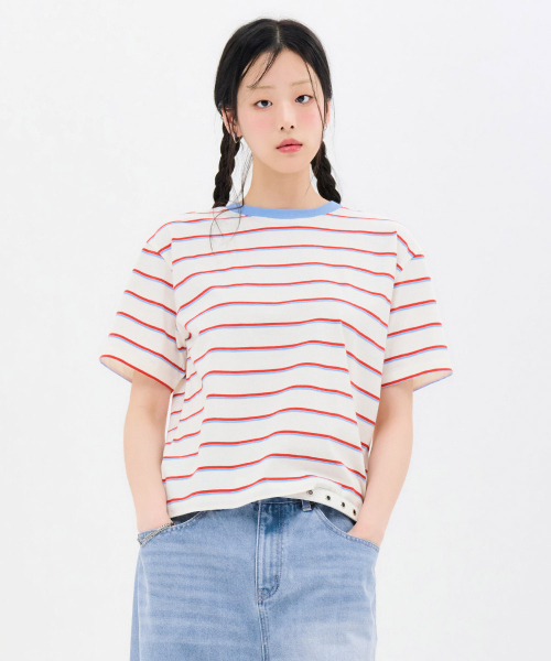 CHASECULT(チェイスカルト)の「レディース 配色ストライプ 半袖Tシャツ-FBRG5869D05(Tシャツ/カットソー・レディース・オートミール・90/85)」の4枚目の写真