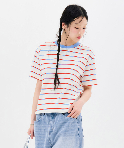 CHASECULT(チェイスカルト)の「レディース 配色ストライプ 半袖Tシャツ-FBRG5869D05(Tシャツ/カットソー・レディース・オートミール・90/85)」の3枚目の写真