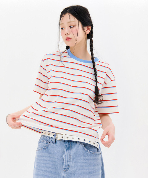 CHASECULT(チェイスカルト)の「レディース 配色ストライプ 半袖Tシャツ-FBRG5869D05(Tシャツ/カットソー・レディース・オートミール・90/85)」の2枚目の写真