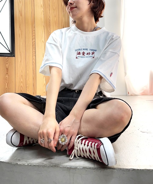 DOUBLE NAME（ダブルネーム）の「【YOIDORE】&times;DOUBLE NAMEコラボ ネオン刺繍 BIG TEE（Tシャツ/カットソー・レディース・オフホワイト/ブラック・FREE）」の11枚目の写真