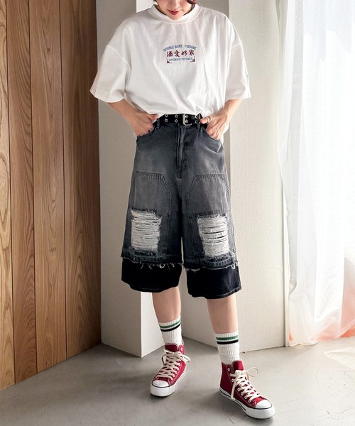 DOUBLE NAME（ダブルネーム）の「【YOIDORE】&times;DOUBLE NAMEコラボ ネオン刺繍 BIG TEE（Tシャツ/カットソー・レディース・オフホワイト/ブラック・FREE）」の14枚目の写真