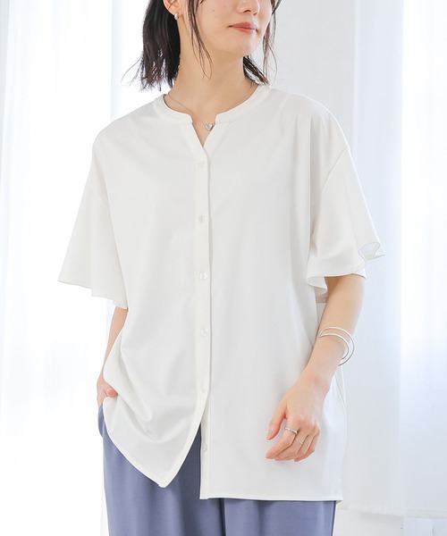 n'OrLABEL(ノアールレーベル)の「【接触冷感・イージーケア】キーネックフレア袖カットソー(シャツ/ブラウス・レディース・ブラック/ブルー/ピンクベージュ/オフホワイト・1/2)」の1枚目の写真