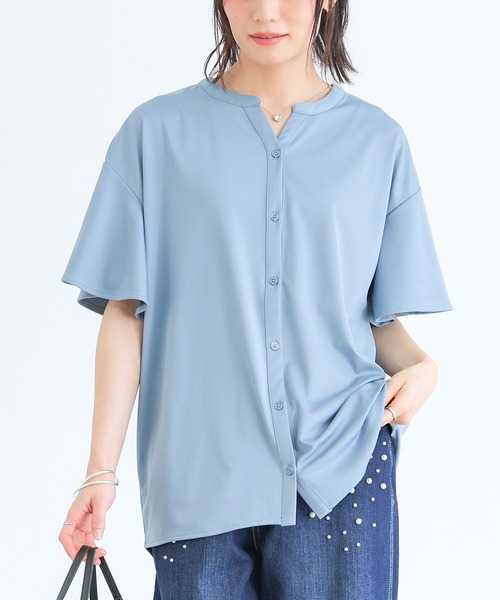 n'OrLABEL(ノアールレーベル)の「【接触冷感・イージーケア】キーネックフレア袖カットソー(シャツ/ブラウス・レディース・ブラック/ブルー/ピンクベージュ/オフホワイト・1/2)」の3枚目の写真