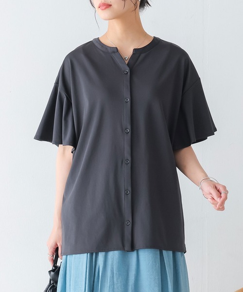 n'OrLABEL(ノアールレーベル)の「【接触冷感・イージーケア】キーネックフレア袖カットソー(シャツ/ブラウス・レディース・ブラック/ブルー/ピンクベージュ/オフホワイト・1/2)」の13枚目の写真