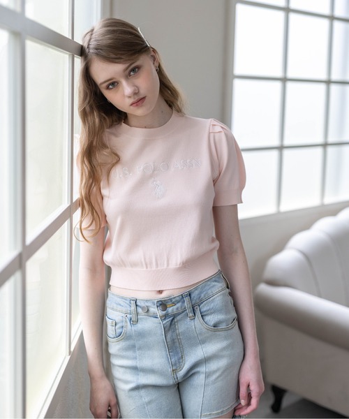 U.S. POLO ASSN.(ユーエスポロアッスン)の「【U.S. POLO ASSN.】clear 別注 ロゴ刺繍半袖ニットトップス(ニット/セーター・レディース・ネイビー/オフホワイト/ピンク/サックスブルー/ボルドー/ブラウン・F)」の7枚目の写真