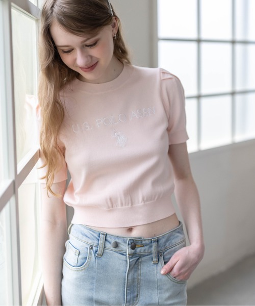 U.S. POLO ASSN.(ユーエスポロアッスン)の「【U.S. POLO ASSN.】clear 別注 ロゴ刺繍半袖ニットトップス(ニット/セーター・レディース・ネイビー/オフホワイト/ピンク/サックスブルー/ボルドー/ブラウン・F)」の8枚目の写真
