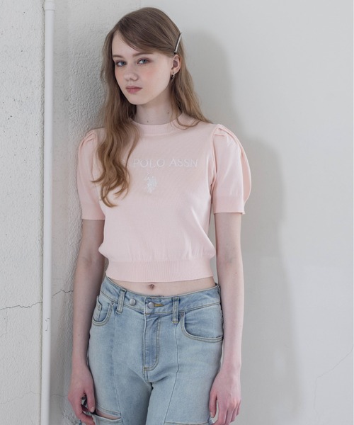U.S. POLO ASSN.(ユーエスポロアッスン)の「【U.S. POLO ASSN.】clear 別注 ロゴ刺繍半袖ニットトップス(ニット/セーター・レディース・ネイビー/オフホワイト/ピンク/サックスブルー/ボルドー/ブラウン・F)」の12枚目の写真