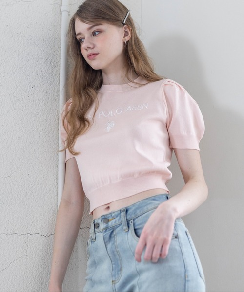 U.S. POLO ASSN.(ユーエスポロアッスン)の「【U.S. POLO ASSN.】clear 別注 ロゴ刺繍半袖ニットトップス(ニット/セーター・レディース・ネイビー/オフホワイト/ピンク/サックスブルー/ボルドー/ブラウン・F)」の14枚目の写真