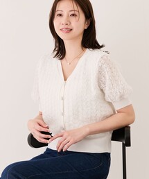 リブ切替半袖花柄カーディガン
