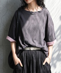 パウダータッチ 綿100  ボートネック 配色 Tシャツ