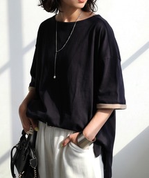 パウダータッチ 綿100 ボートネック 配色 Tシャツ