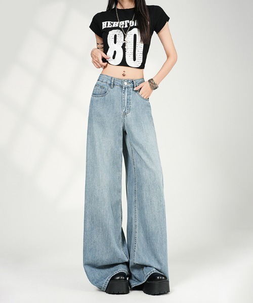 LUCPY(ラクピー)の「ハイウエストルーズワイドデニムパンツ(デニムパンツ・レディース・ブルー・LARGE/MEDIUM/SMALL/X-SMALL)」の2枚目の写真