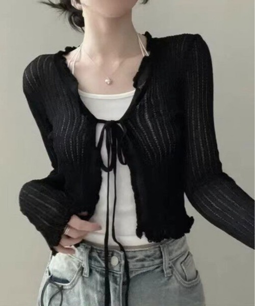 ボーダーズアットバルコニー パール カーディガン フリル 黒 36 ✨極美品✨ 夏の羽織りに】【着回し万能】シアー リブ レース フリル カーディガン