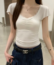 レーストリム Vネック シャーリング スリム 半袖Tシャツ
