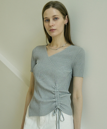 Viscose Wrap-Style V-Neck Shirring Ribbed Knit (gray)