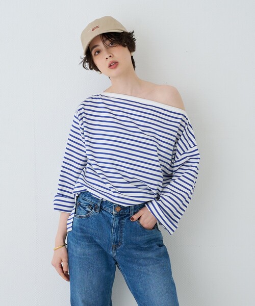 Rouge vif(ルージュヴィフ)の「ボーダーボートネックカットソー/ロングスリーブTシャツ(Tシャツ/カットソー・レディース・ブラック/ブルー・フリー)」の3枚目の写真