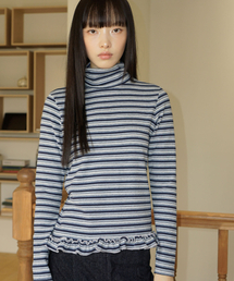 ストライプ タートルネックTシャツ(ネイビー)