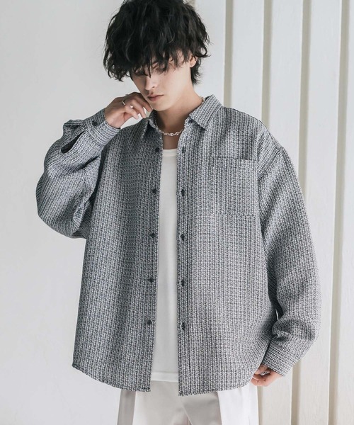 Rocky Monroe(ロッキーモンロー)の「オーバーサイズレギュラーカラーツイードカジュアルシャツ(シャツ/ブラウス・メンズ・グレー/アイボリー/ブラック・M/L)」の1枚目の写真