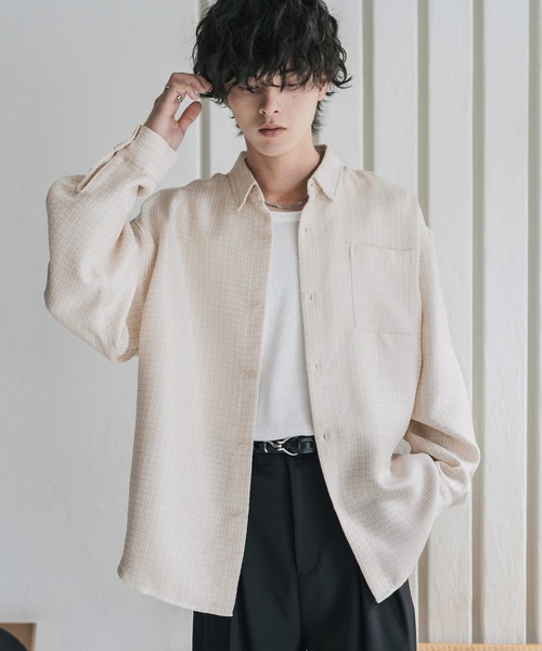 Rocky Monroe(ロッキーモンロー)の「オーバーサイズレギュラーカラーツイードカジュアルシャツ(シャツ/ブラウス・メンズ・グレー/アイボリー/ブラック・M/L)」の2枚目の写真
