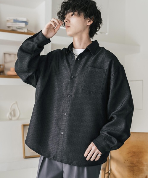 Rocky Monroe(ロッキーモンロー)の「オーバーサイズレギュラーカラーツイードカジュアルシャツ(シャツ/ブラウス・メンズ・グレー/アイボリー/ブラック・M/L)」の3枚目の写真