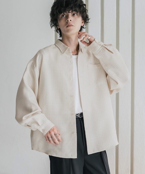 Rocky Monroe(ロッキーモンロー)の「オーバーサイズレギュラーカラーツイードカジュアルシャツ(シャツ/ブラウス・メンズ・グレー/アイボリー/ブラック・M/L)」の4枚目の写真