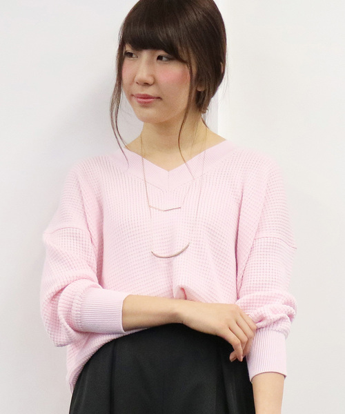 N.（N. Natural Beauty Basic）（エヌエヌナチュラルビューティーベーシック）の「ワッフルニットVネック（ニット/セーター・レディース・ネイビー/ブルー/ホワイト/ピンク・MEDIUM）」の4枚目の写真