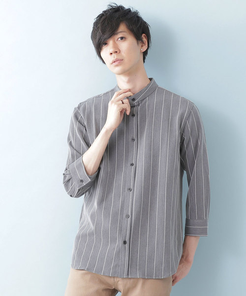 MONO-MART（モノマート）の「T/R ストレッチ バンドカラーシャツ(3/4 sleeve)（シャツ/ブラウス・メンズ・オリーブ/ベージュ/ブラック/ライトグレー/ブルーグリーン/ネイビー/チャコール/オフホワイト/インディゴブルー/ライトベージュ/サックスブルー/ストライプ・L/M）」の12枚目の写真